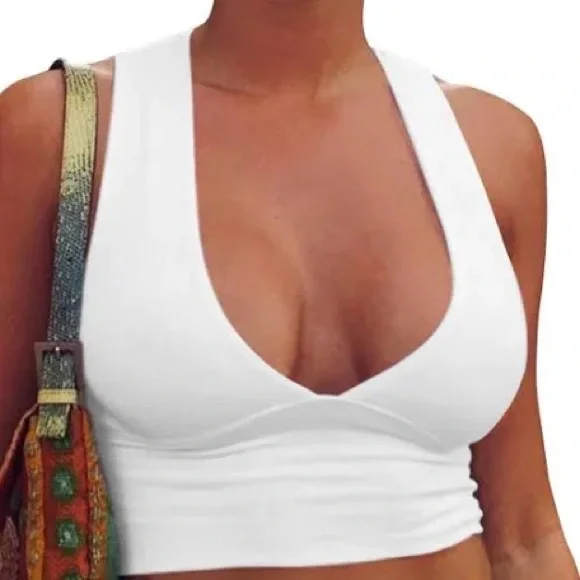 SHEIN White High Neck V-Neck Cropped Basic Ribbed Tank Top Casual Cute Shirt M - Picture 3 of 13